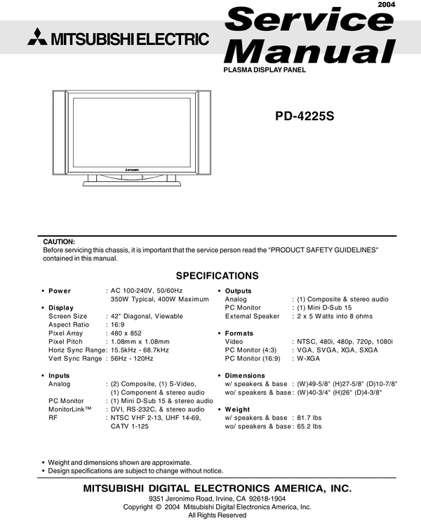 Product picture Mitsubishi PD-4225-S Plasma  , Service Manual & Schematics