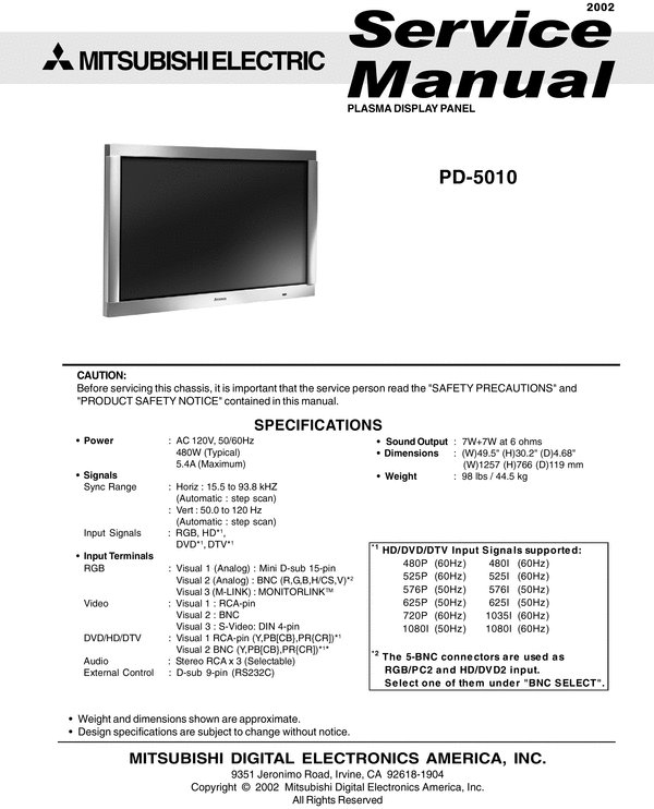 Product picture Mitsubishi PD-5010 Plasma  , Service Manual