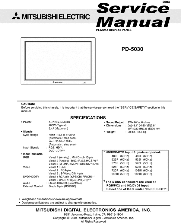 Product picture Mitsubishi PD-5030 Plasma  , Service Manual