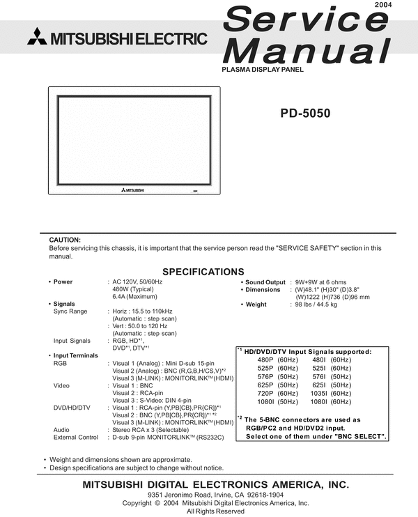 Product picture Mitsubishi PD-5050 Plasma  , Service Manual