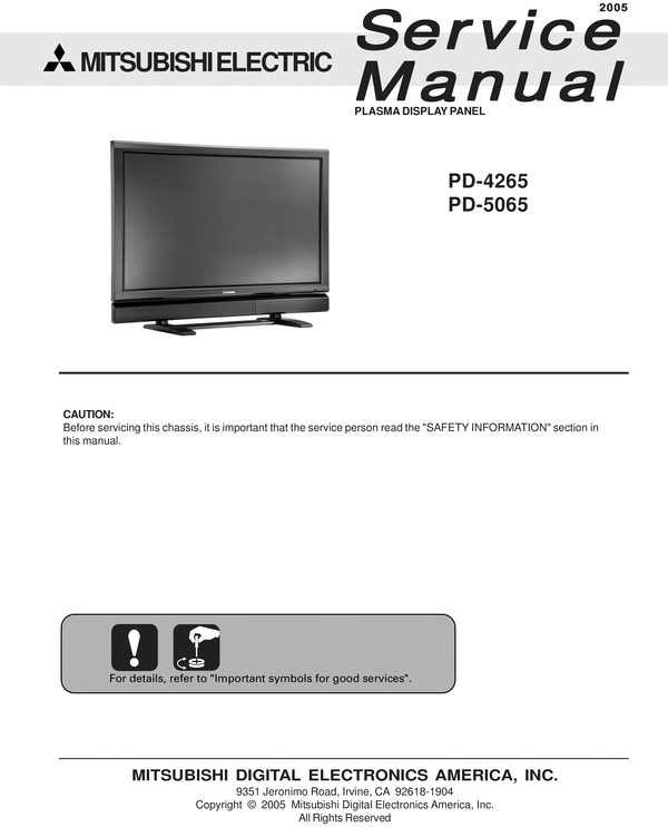 Product picture Mitsubishi PD-5065 Plasma  , Service Manual