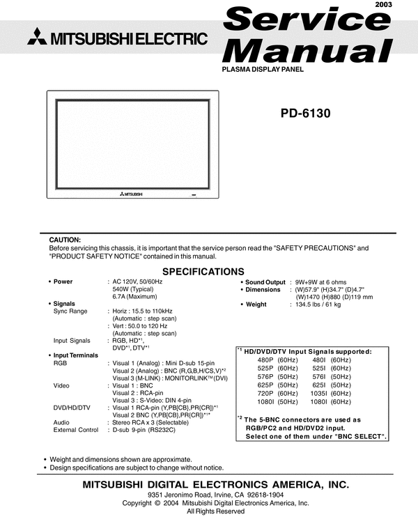 Product picture Mitsubishi PD-6130 Plasma  , Service Manual