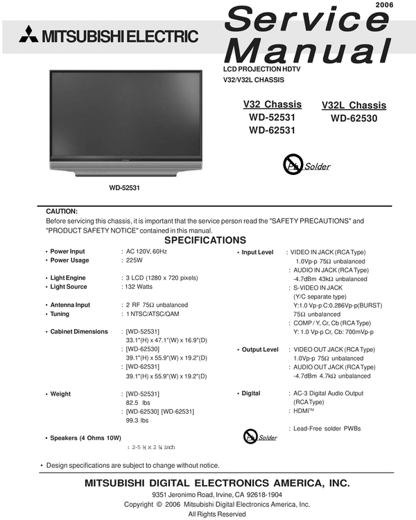 Product picture Mitsubishi WD-52531 62530 62531  Service Manual & Schematics