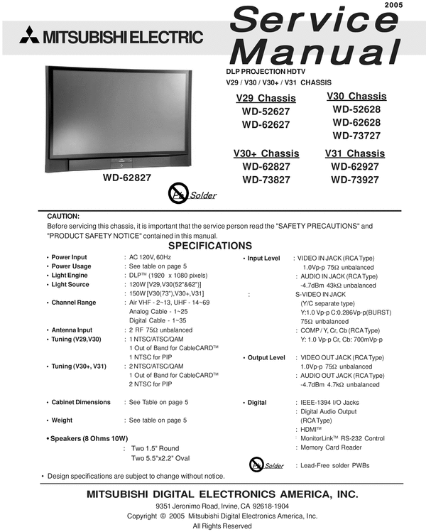 Product picture Mitsubishi WD-52628 62628 73727  Service Manual & Schematics