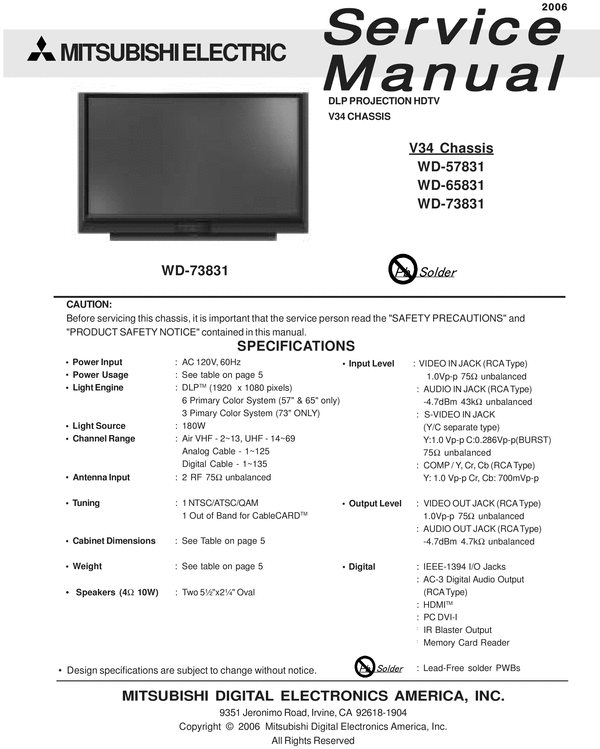 Product picture Mitsubishi WD-57831 65831 73831  Service Manual & Schematics
