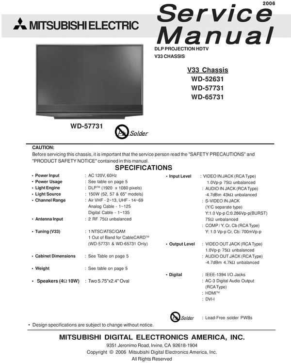 Product picture Mitsubishi WD-65731  , V33 , Service Manual & Schematics
