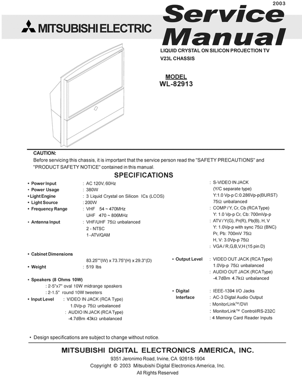 Product picture Mitsubishi WD-82913 , V23L ,  Service Manual & Schematics