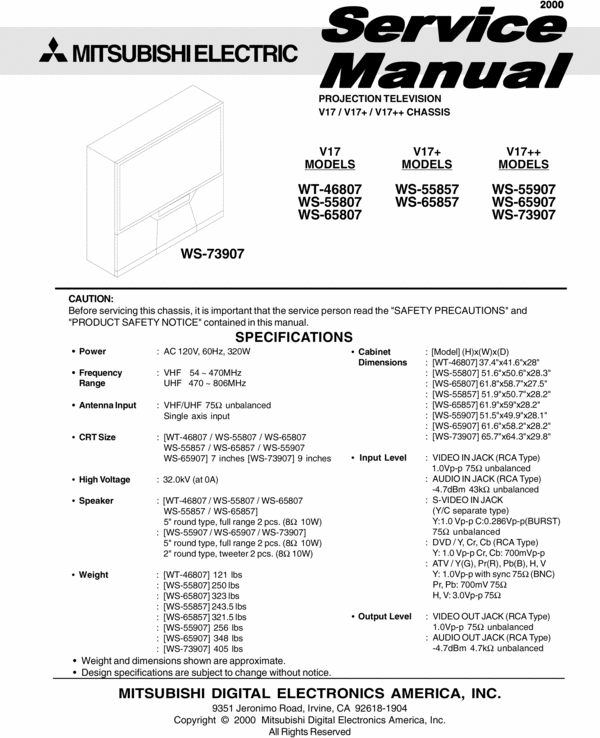 Product picture Mitsubishi WS-55857 WS-65857 , V17+ models TV Service Manual