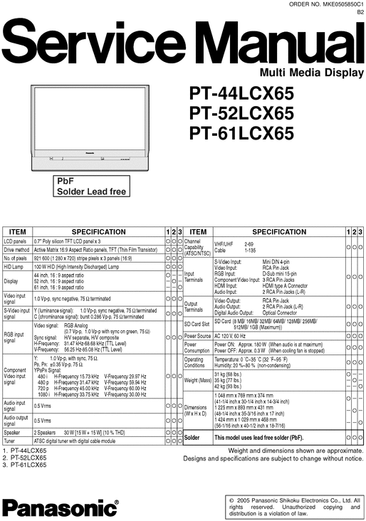 Product picture Panasonic PT-61-LCX65 Back Projection TV , Service Manual