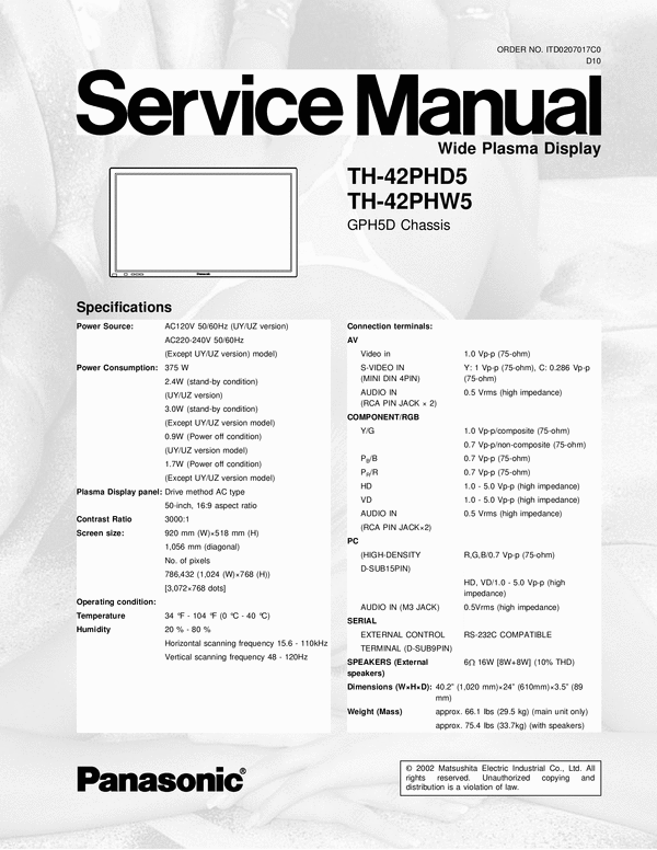 Product picture Panasonic TH-42-PHD5 & 42-PHW5 , Service Manual & Schematics