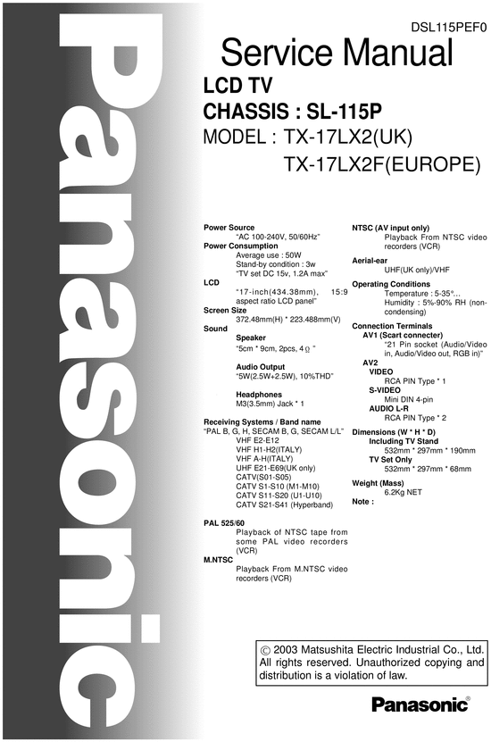 Product picture Panasonic TX-17-LX2 , Service Manual & Schematics