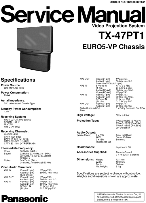 Product picture Panasonic TX-47-PT17 Back Projection TV Service Manual