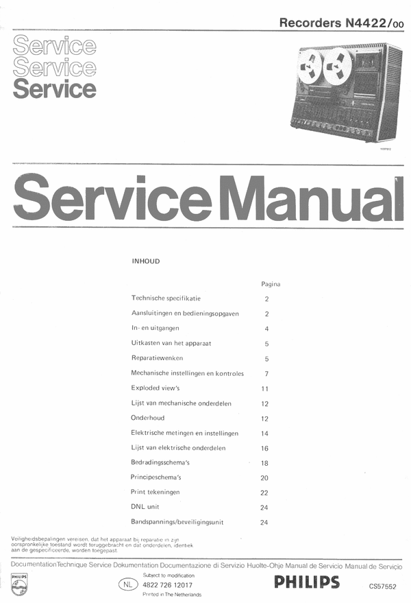 Product picture Philips N-4422 , Service Manual , Dutsch taal