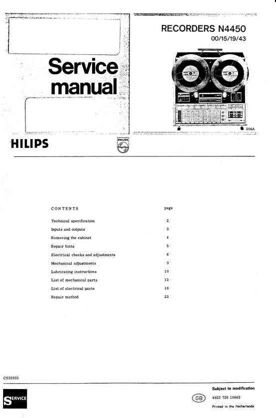 Product picture Philips N-4450  reel to reel tape recorder , Service Manual