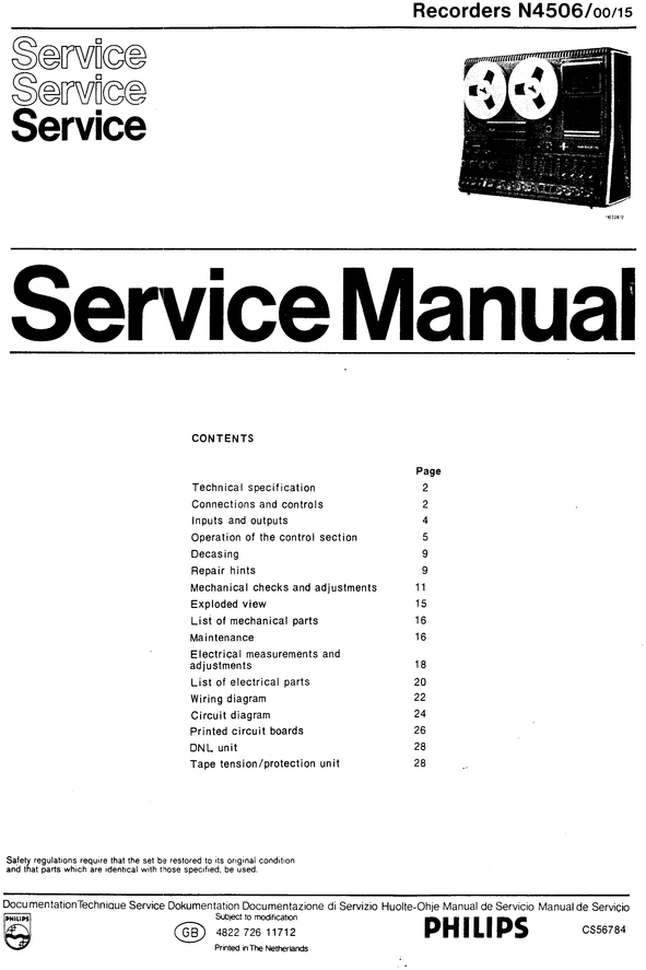 Product picture Philips N-4506  reel to reel tape recorder , Service Manual