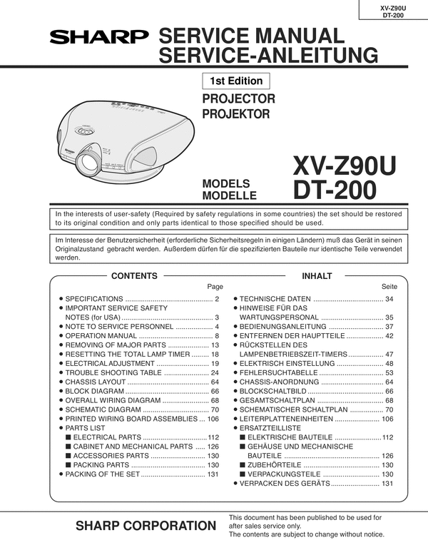 Product picture Sharp XV-Z-90 & DT-200  , Projector Original Service Manual