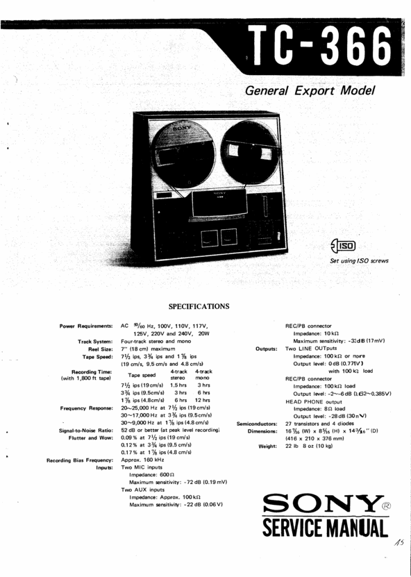 Product picture Sony  TC-366 reel to reel tape recorder Service Manual