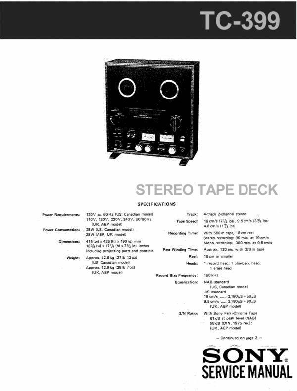 Product picture Sony  TC-399 reel to reel tape recorder Service Manual