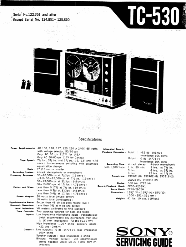Product picture Sony  TC-530 reel to reel tape recorder Service Manual