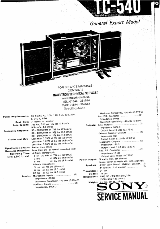 Product picture Sony  TC-540 reel to reel tape recorder Service Manual
