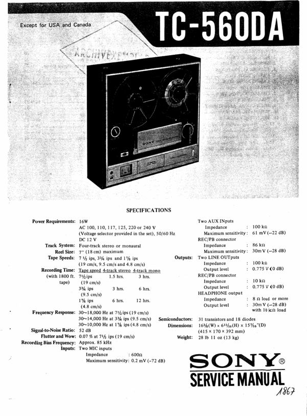 Product picture Sony  TC-560-DA reel to reel tape recorder Service Manual