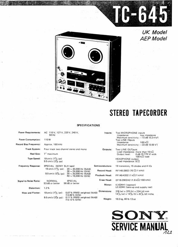 Product picture Sony  TC-645 reel to reel tape recorder Service Manual