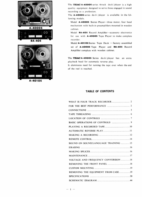 Product picture Teac A-4000-S & A-4010-S reel tape recorder Scematics