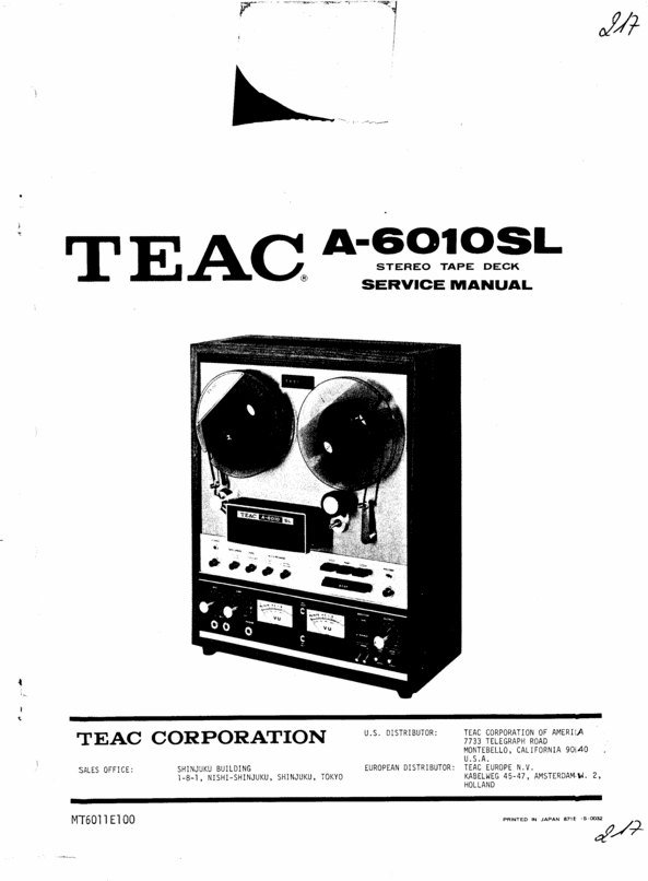 Product picture Teac A-6010-SL reel tape recorder Service Manual
