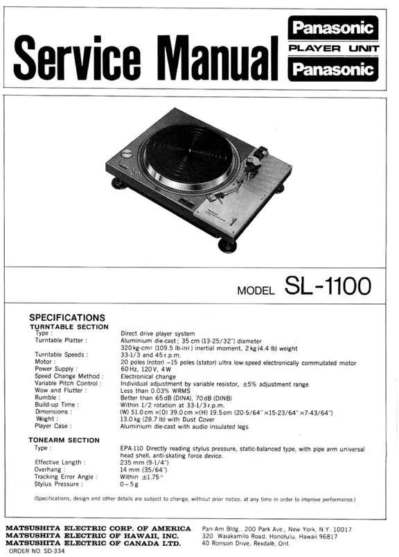 Product picture Technics SL-1100  Turntable , Service Manual