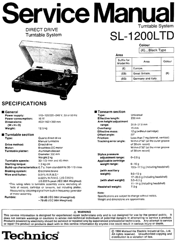Product picture Technics SL-1200 LTD Limited , Turntable , Service Manual