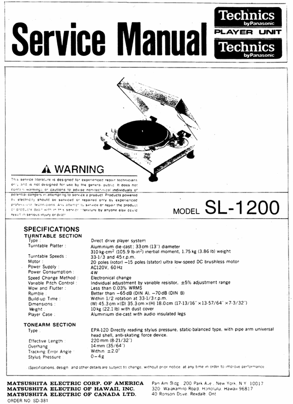 Product picture Technics SL-1200 Turntable , Service Manual & 2 Supplements