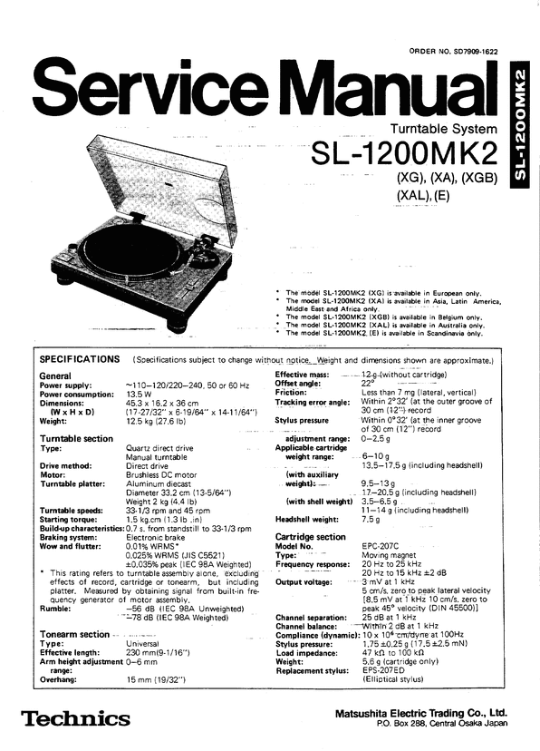 Product picture Technics SL-1210 mk2  Turntable , Service Manual