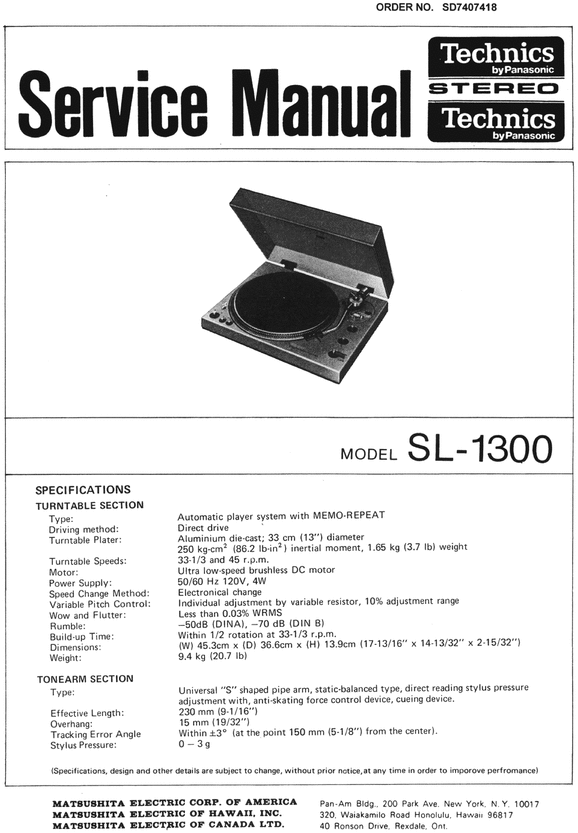 Product picture Technics SL-1300 Turntable , Service Manual & 3 Supplements