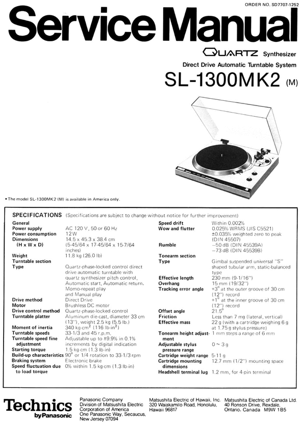 Product picture Technics SL-1300 mk2   Turntable , Service Manual