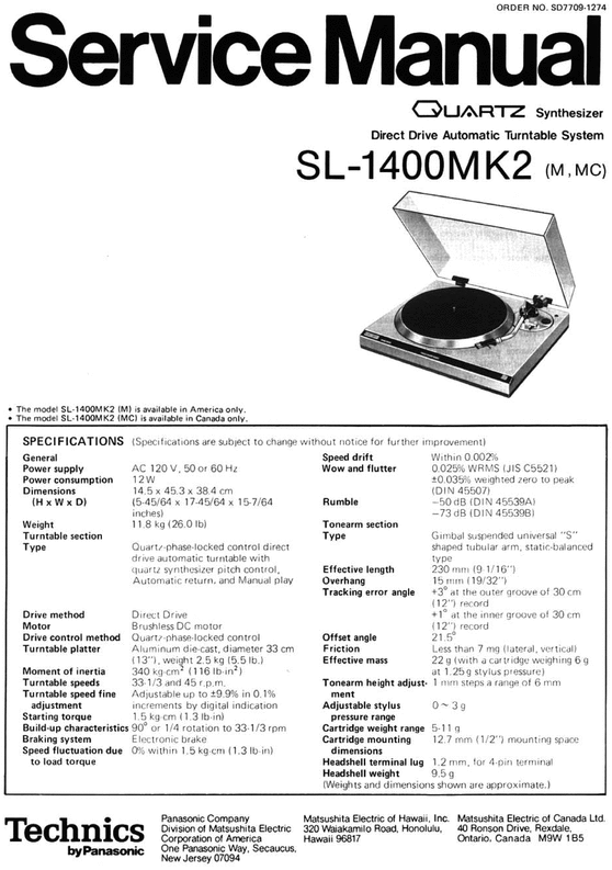 Product picture Technics SL-1400 mk2 Turntable , Service Manual