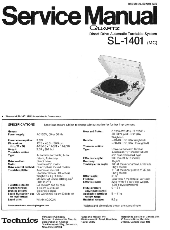 Product picture Technics SL-1401 Turntable , Service Manual