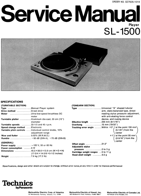 Product picture Technics SL-1500 Turntable , Service Manual