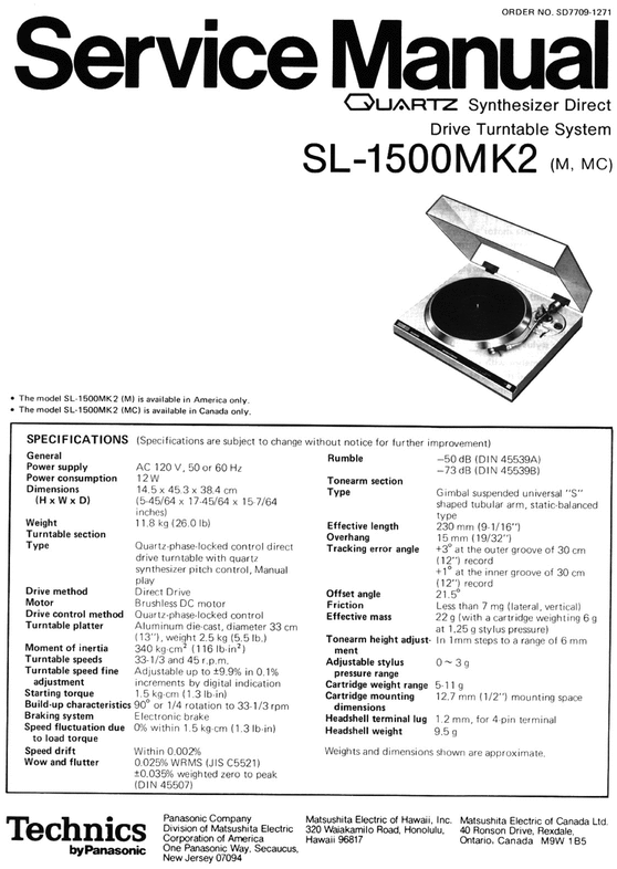 Product picture Technics SL-1500 mk2 Turntable , Service Manual