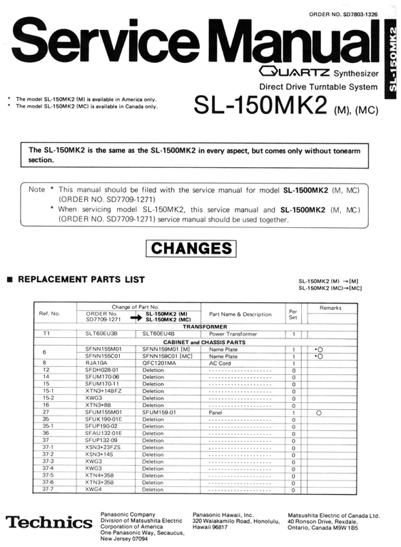 Product picture Technics SL-150 mk2   Turntable , Service Manual