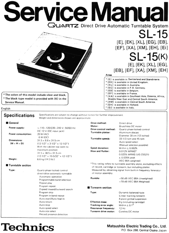 Product picture Technics SL-15   Turntable , Service Manual