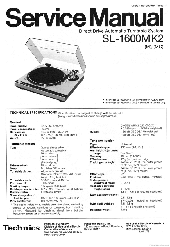 Product picture Technics SL-1600 mk2 Turntable , Service Manual & Supplement