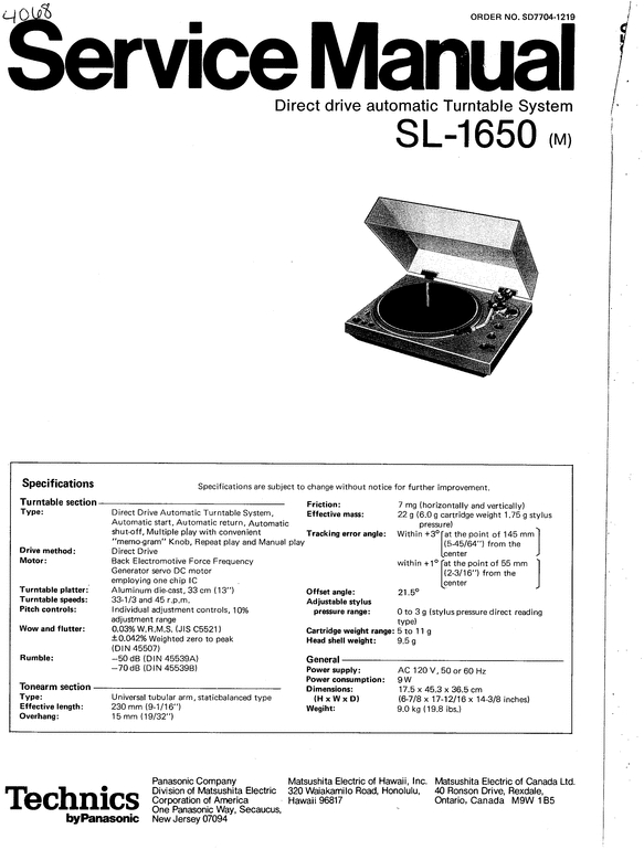 Product picture Technics SL-1650 Turntable , Service Manual