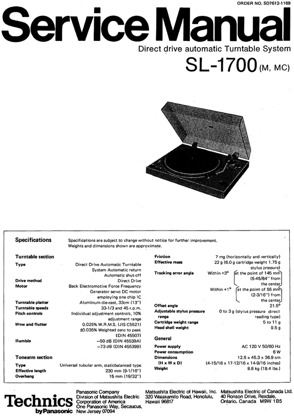 Product picture Technics SL-1700 Turntable , Service Manual
