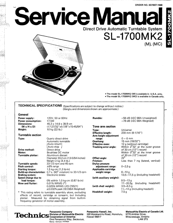Product picture Technics SL-1700 mk2 Turntable , Service Manual & Supplement