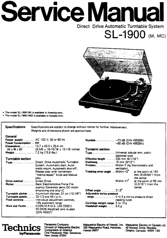 Product picture Technics SL-1900 Turntable , Service Manual & Supplement