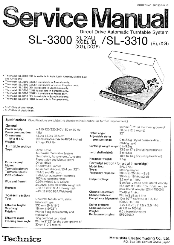 Product picture Technics SL-3300 , SL-3310 , Service Manual & Supplement