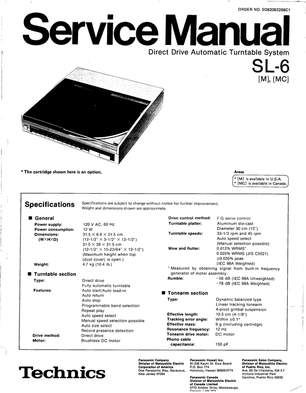 Product picture Technics SL-6 Turntable , Service Manual 