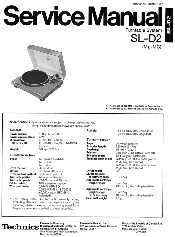 Product picture Technics SL-D2 Turntable , Service Manual