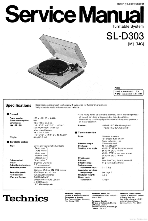 Product picture Technics SL-D-303 Turntable , Service Manual