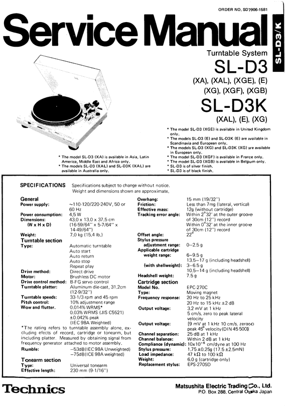 Product picture Technics SL-D3 Turntable , Service Manual